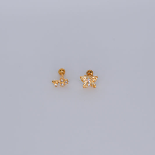 Piercing Bolinha Banho de Ouro Chave e Borboleta
