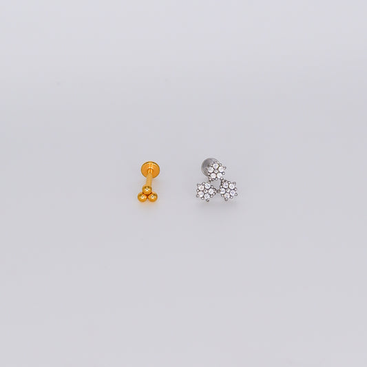 Piercing Achatado 3 Bolas Douradas e 3 Flores