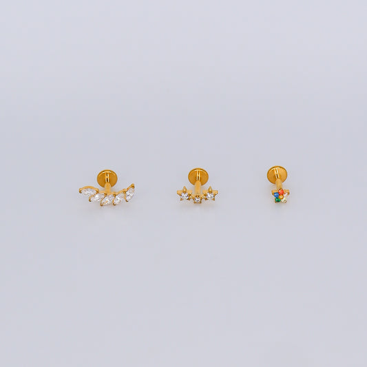 Piercing Achatado Curvo, Estrelas e Mini Flor Colorida