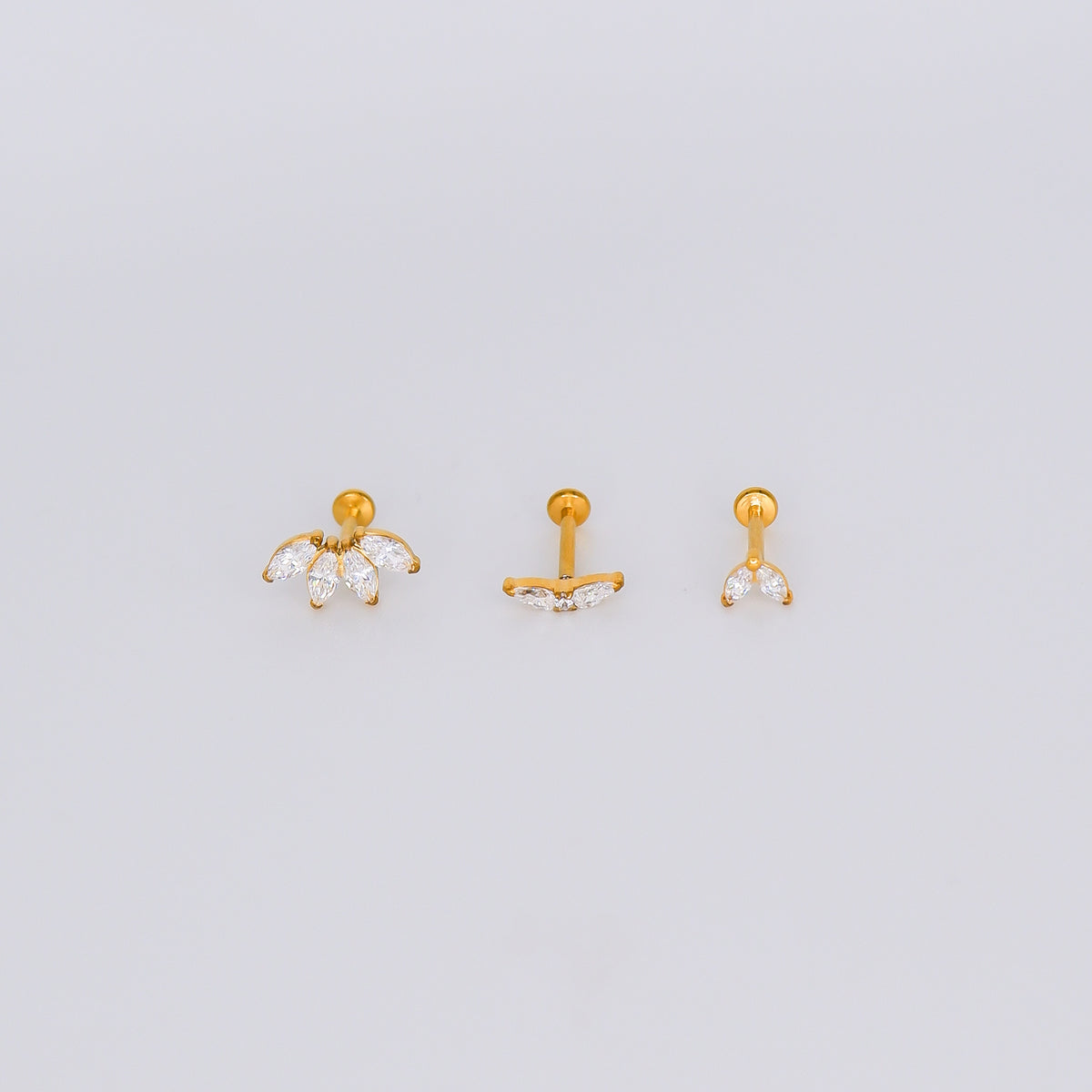 Piercing Achatado 4 Brilhos Curvo, 2 Brilhos Curvo e Mini Folha