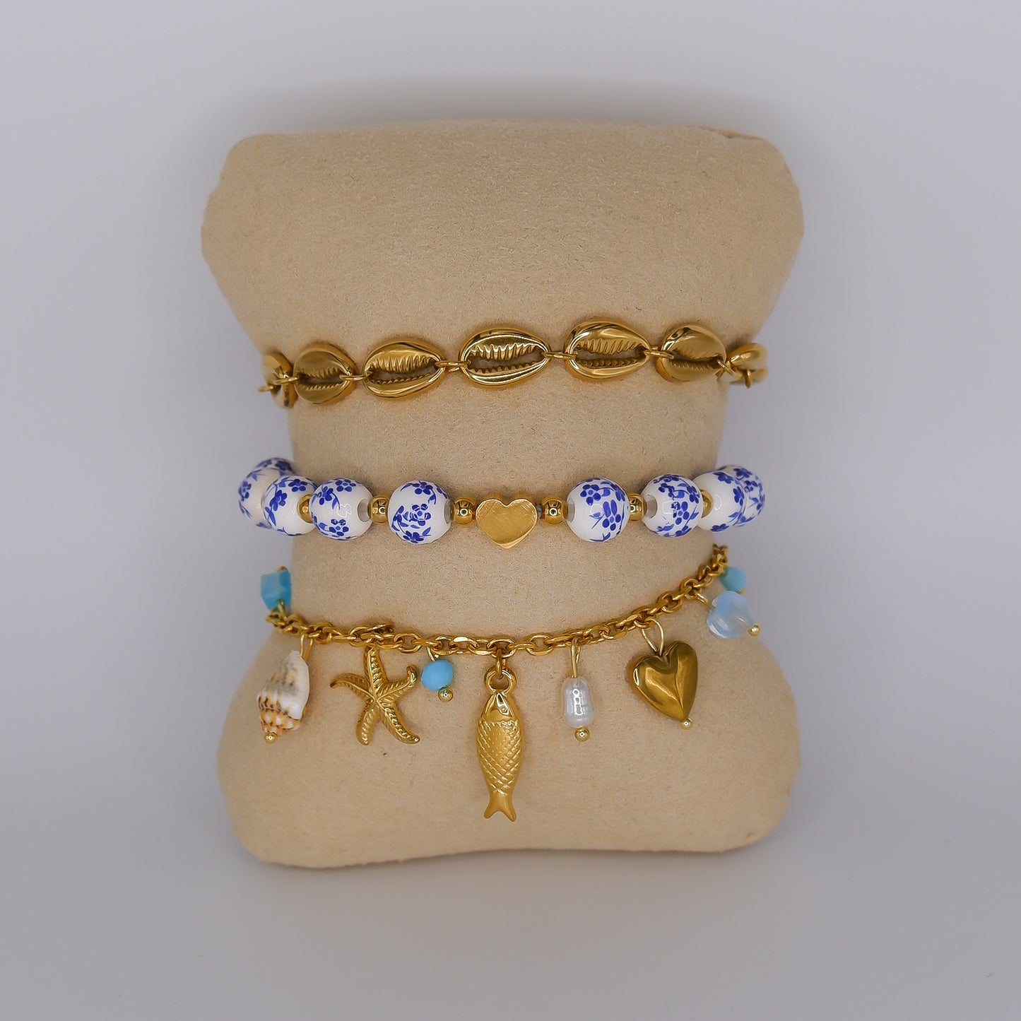 Pulseira Aço Inoxidável Conchas, Bolinhas e Pendentes