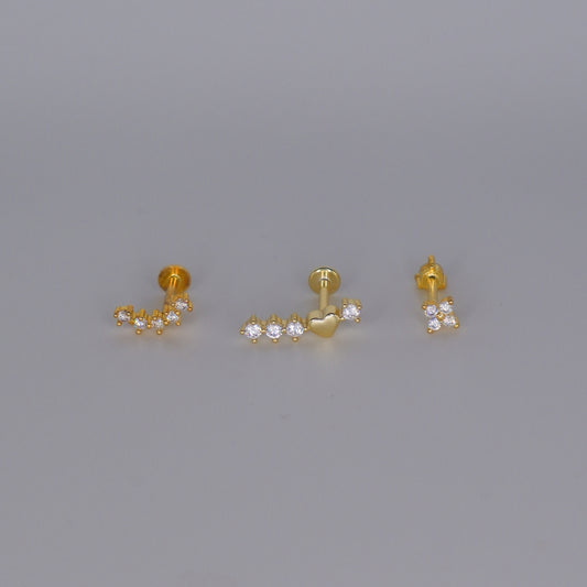 Piercings Achatados Dourados #14 Curvo, Coração e Flor