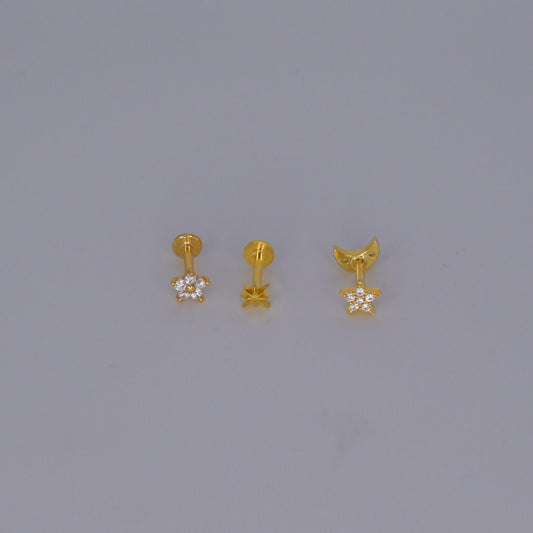 Piercings Achatados Dourados #15 Flor e Estrelas