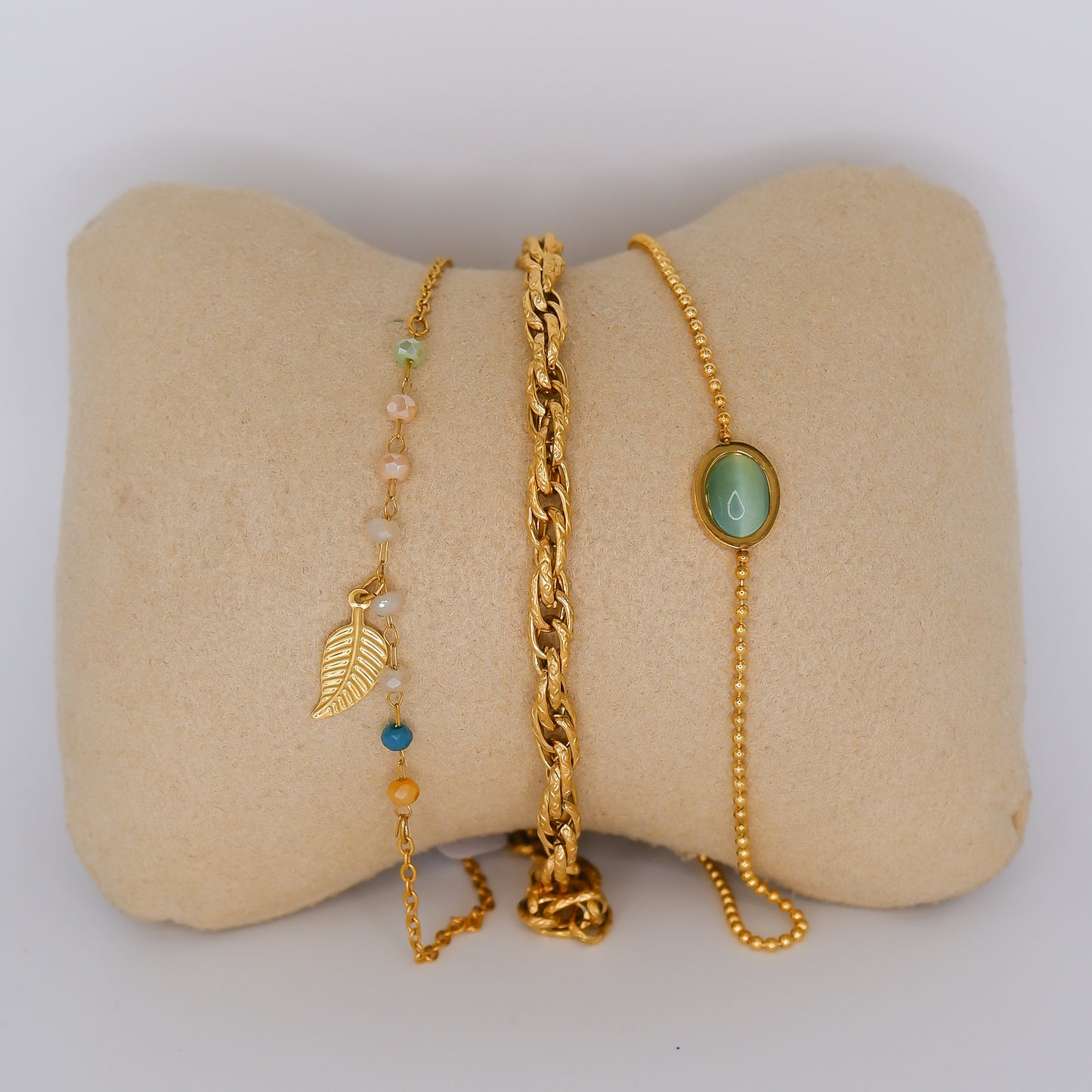 Pulseira Pé Dourada Pena, Malha e Bola Verde