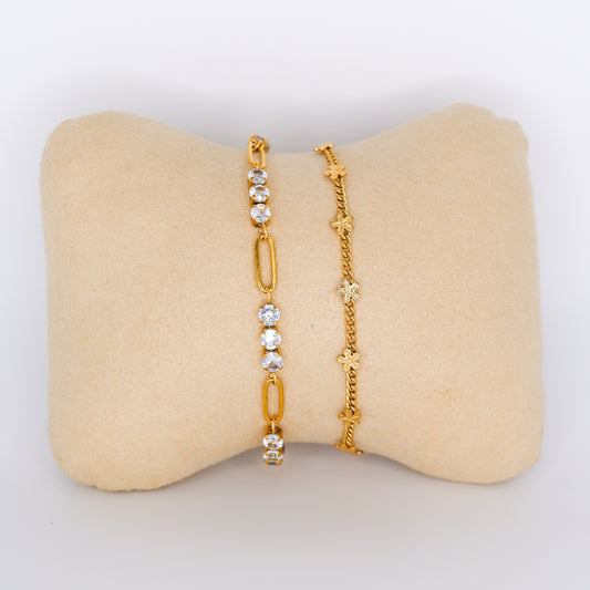 Pulseira Aço Inoxidável 3 Brilhantes e Flores