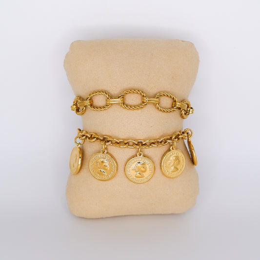 Pulseira Aço Inoxidável Malha e Moedas