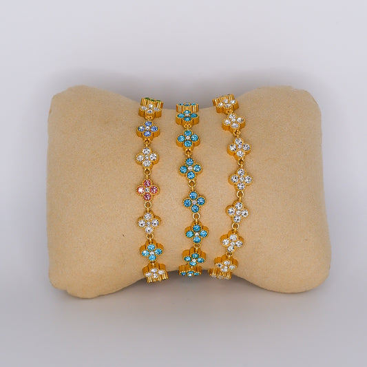 Pulseira Aço Inoxidável Flores 4 Pétalas Pastel, Azul e Transparente