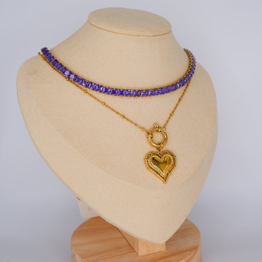 Colar Riviera Roxo e Coração Dourado