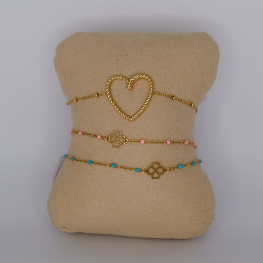 Pulseira Aço Inoxidável Coração e Trevos