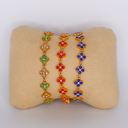 Pulseira Aço Inoxidável Flores 4 Pétalas Verde, Vermelho e Azul