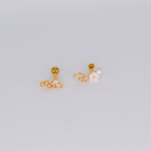 Piercing Bolinha Borboleta e Flor com Pérola