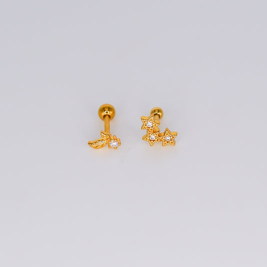 Piercing Bolinha 1 Brilho Mini Folhas e 3 Estrelas
