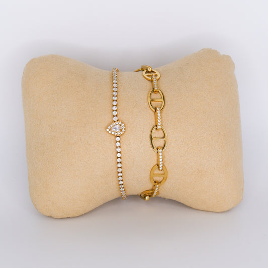 Pulseira Aço Inoxidável Gota Riviera e Bolas Douradas