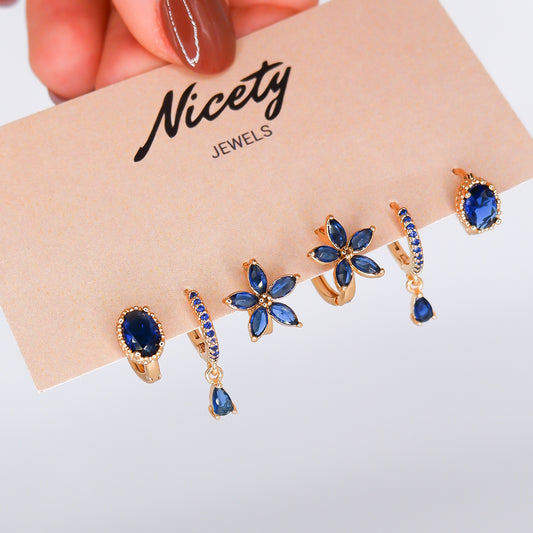 Pack Dourado Brilho Oval, Pendente Gota e Flor Azul