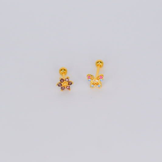 Piercings Bolinha Dourados Flor Lilás e Borboleta Colorida