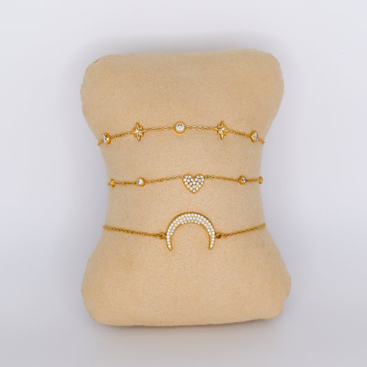 Pulseira Aço Inoxidável Estrelas, Coração e Lua