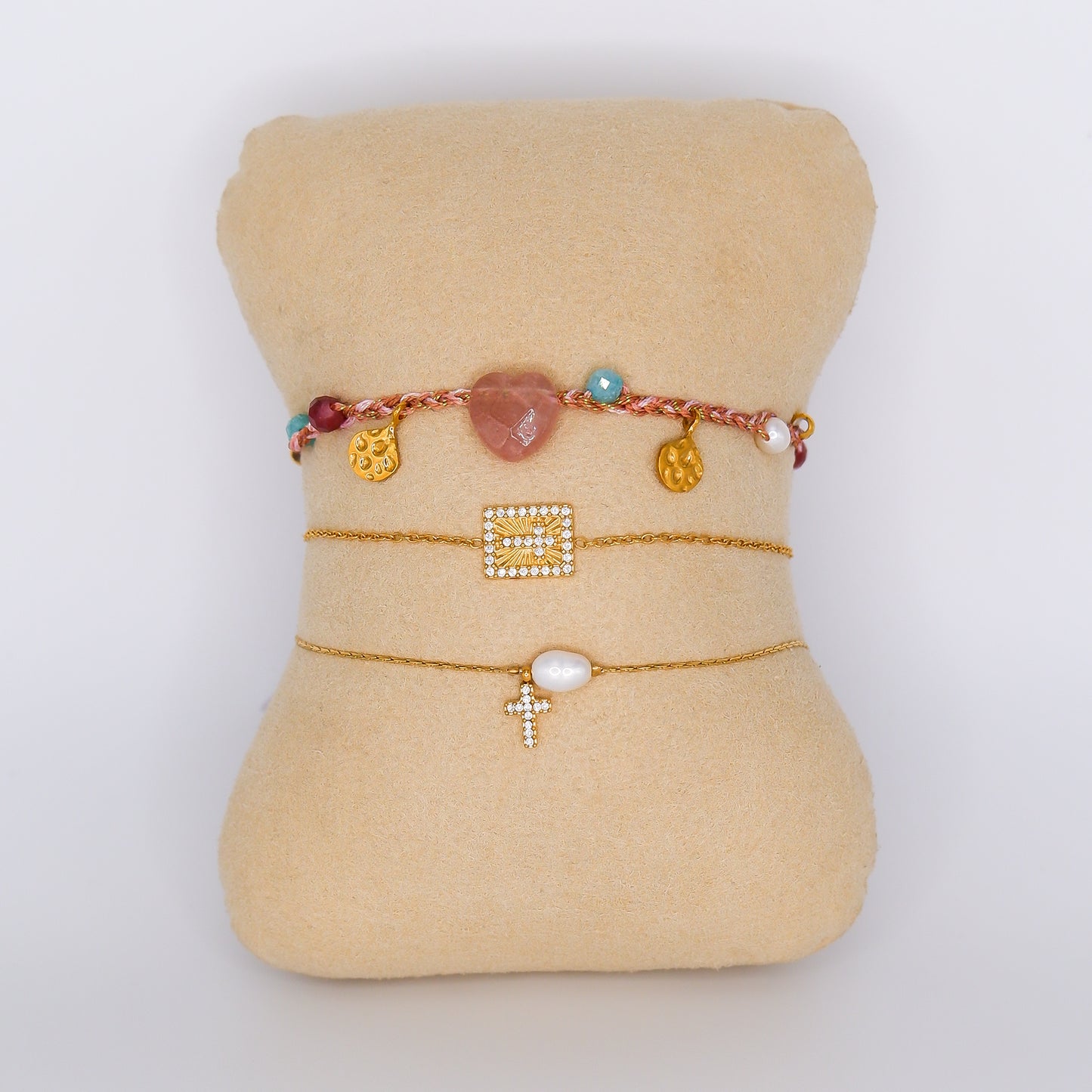 Pulseira Aço Inoxidável Coração Rosa, Cruz Quadrada e Cruz com Pérola