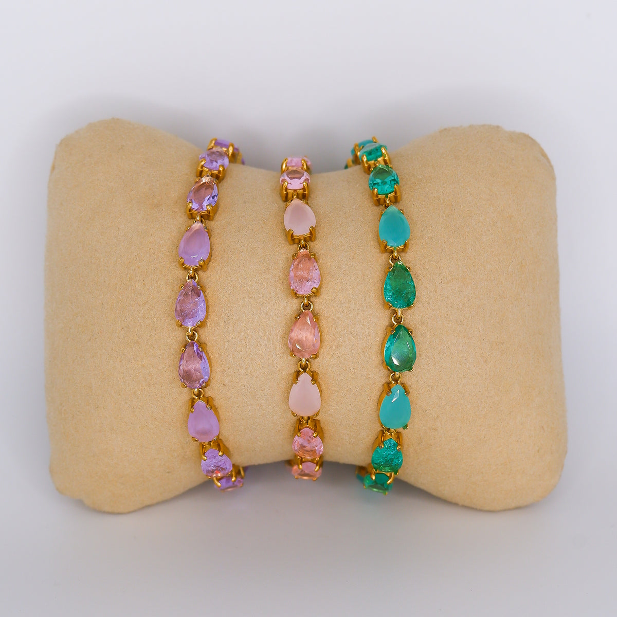 Pulseira Aço Inoxidável Gotas Lilás, Rosa e Verde Água