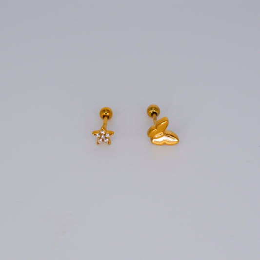 Piercing Bolinha Aço Inoxidável Estrela e Borboleta