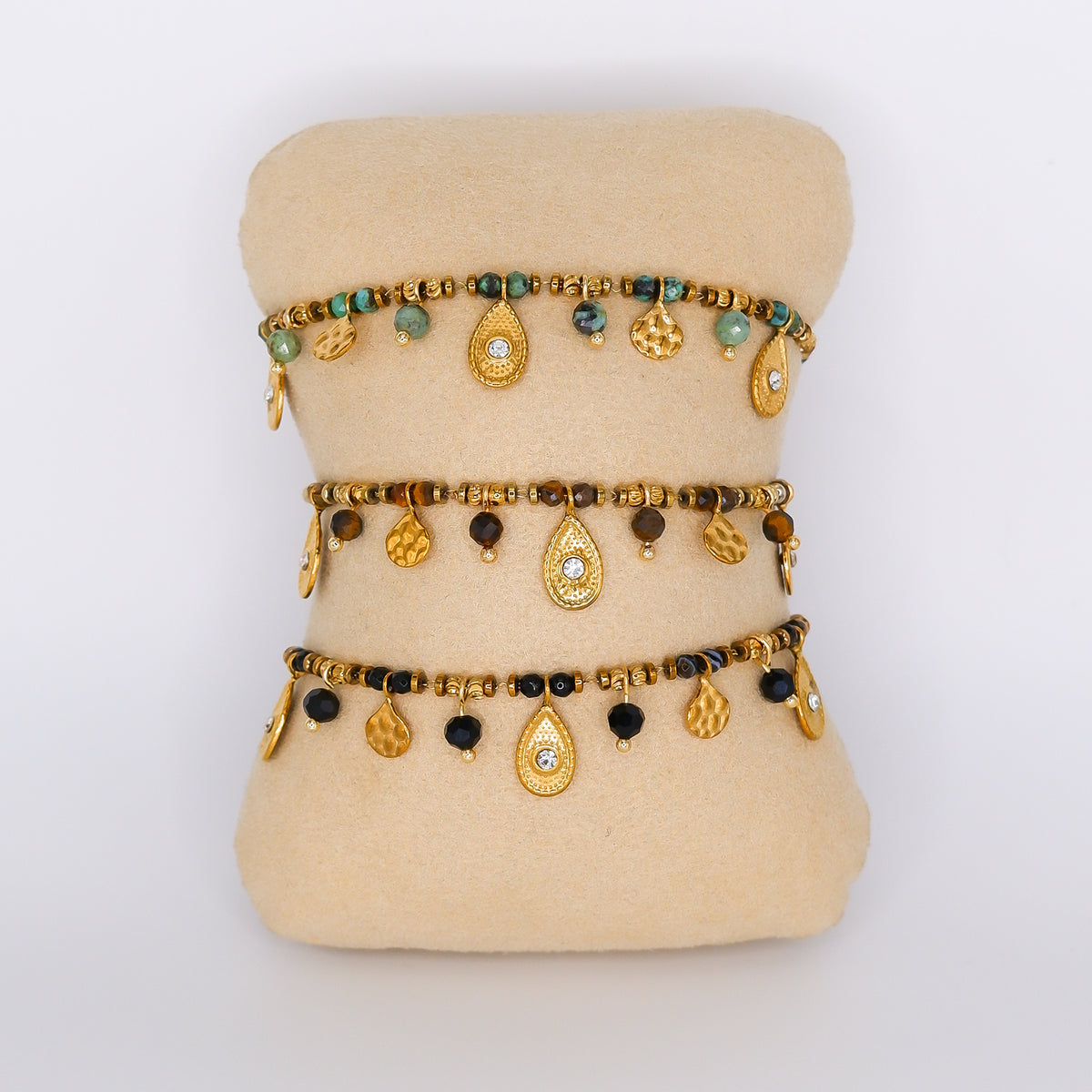 Pulseira Aço Inoxidável Pendentes Verdes, Castanhos e Pretos
