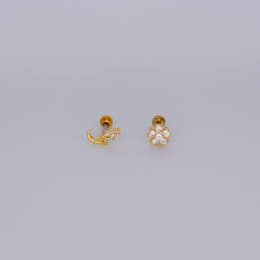 Piercing Bolinha Aço Inoxidável Lua e Flor