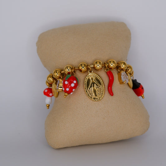 Pulseira Aço Inoxidável Pendentes Vermelhos