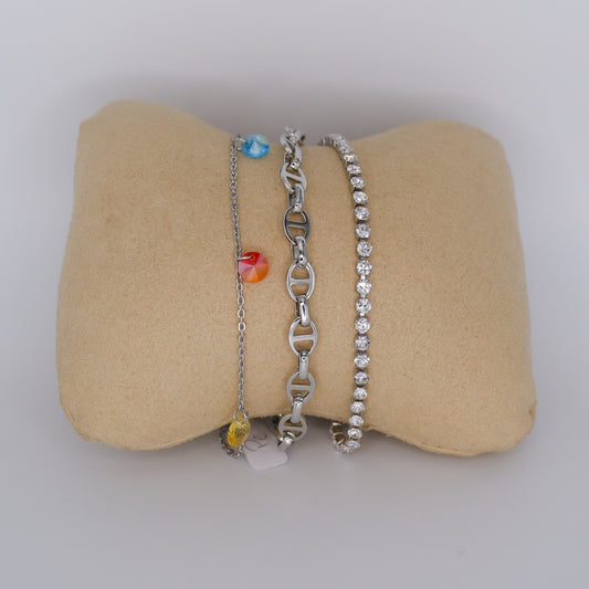 Pulseira Pé Prateada Colorida, Malha e Brilhantes