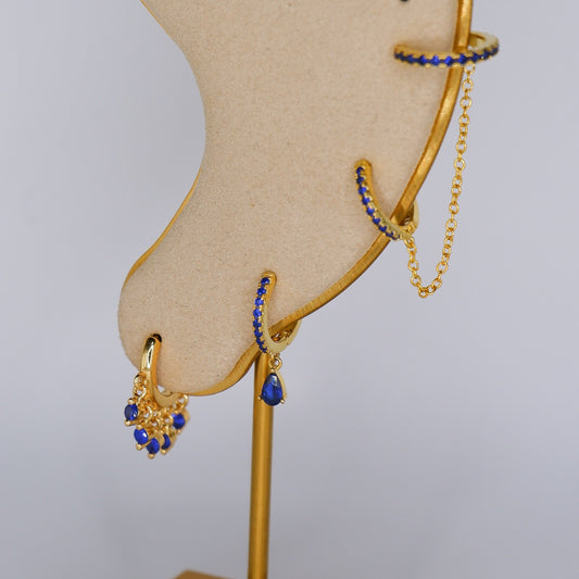 Argola S925 Azul Escuro C/ Brilhantes e Earcuff Corrente