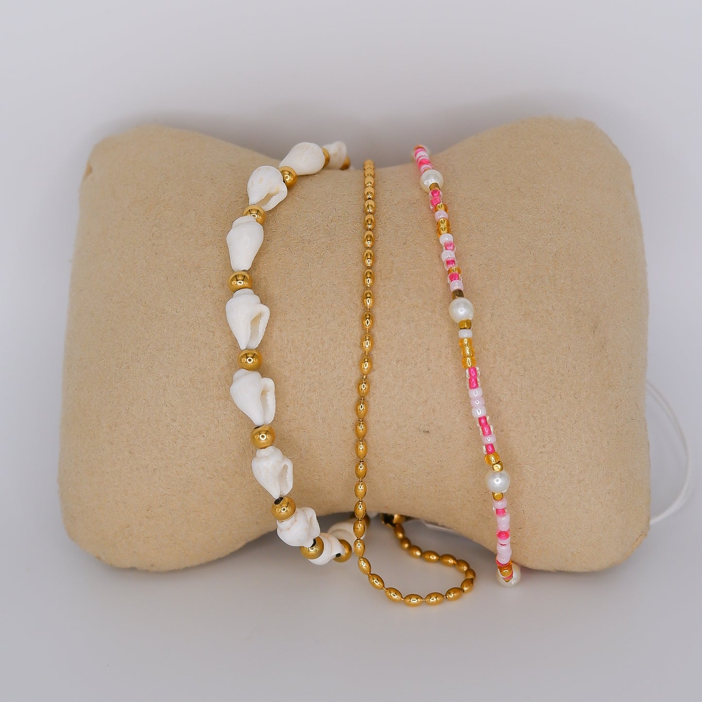 Pulseira Pé Dourada Búzios, Malha e Missangas