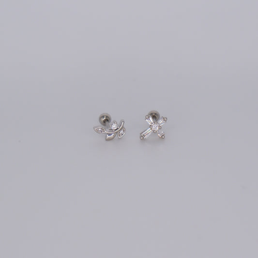 Piercing Bolinha Aço Inoxidável Prateado Folha e Cruz