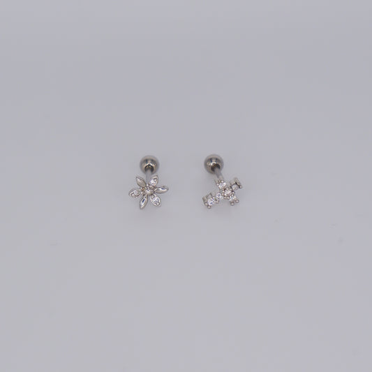 Piercing Bolinha Aço Inoxidável Prateado Flor e Cruz