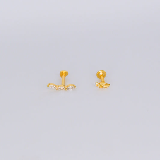 Piercings Achatados Dourados #39 Folha e 3 Brilhos