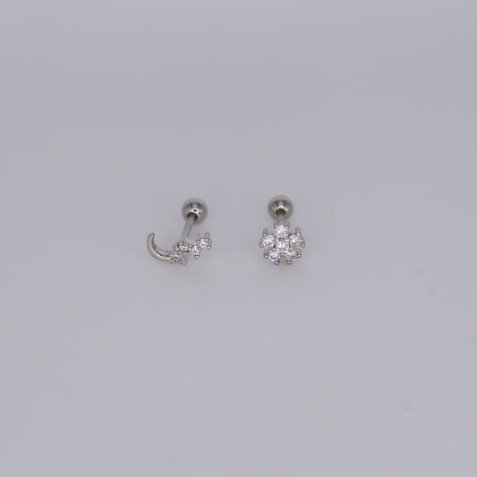 Piercing Bolinha Aço Inoxidável Prateado Lua e Flor