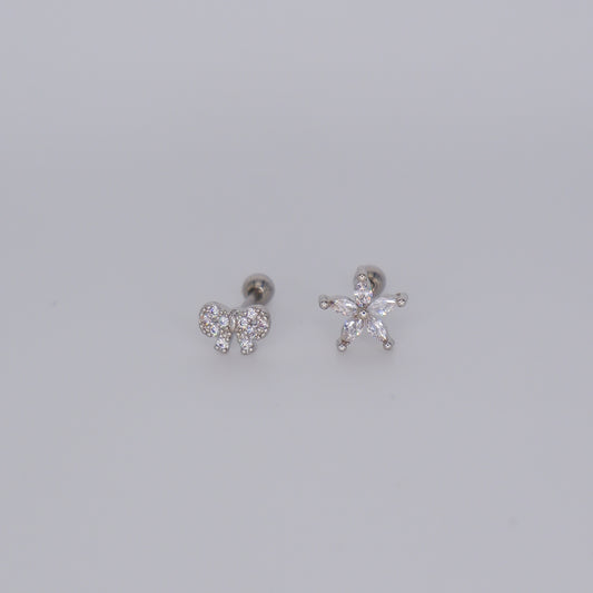 Piercing Bolinha Aço Inoxidável Prateado Laço e Flor