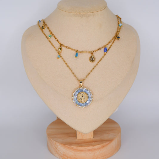 Colares Medalha Azul e Pendentes Azuis