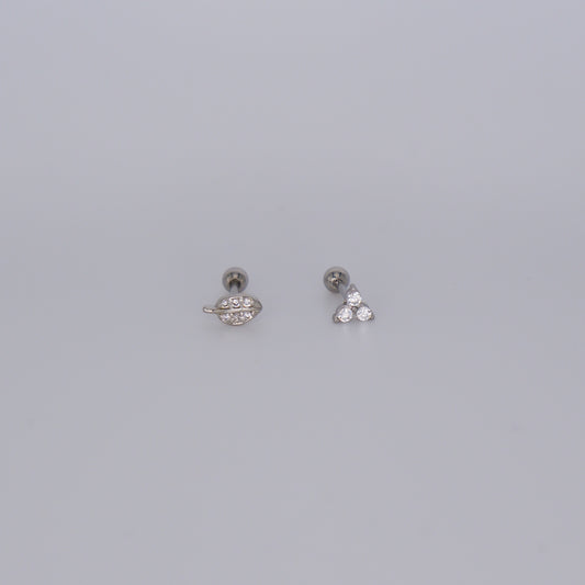 Piercing Bolinha Aço Inoxidável Prateado Folha e Flor 3 Brilhantes