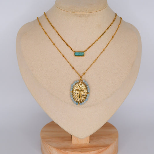 Colares Medalha com Cruz e Brilho Azul