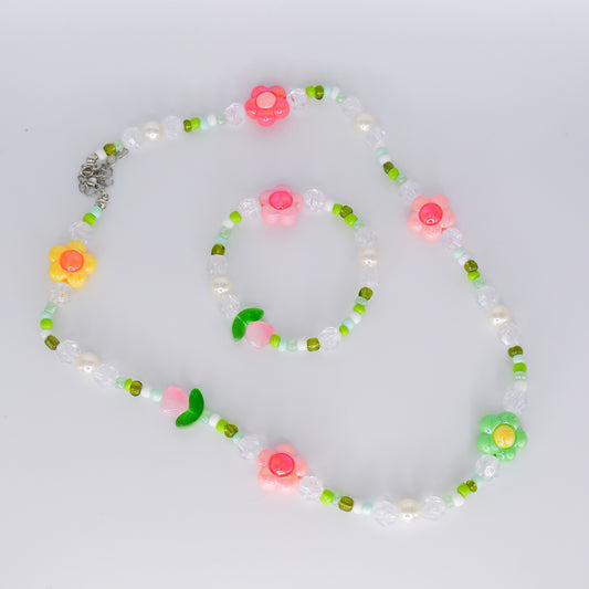 Conjunto Colar e Pulseira Criança com Flores