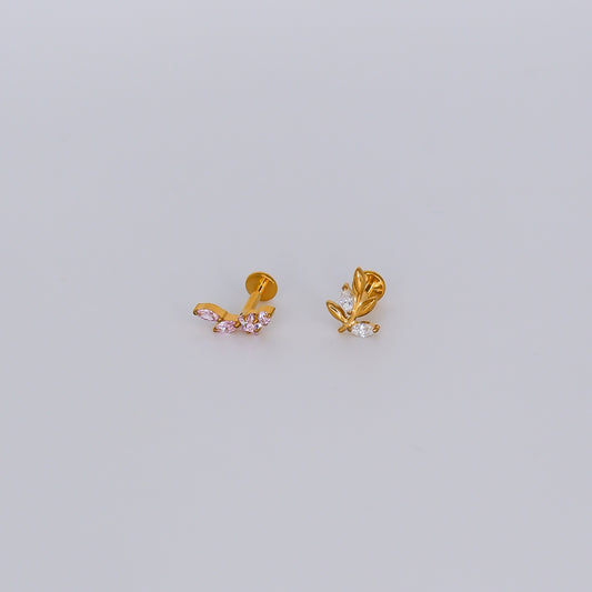 Piercing Achatado Curvo Rosa e Folha