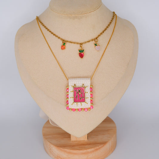 Colares Medalha com Bolas Rosas e Pendentes Brilhantes