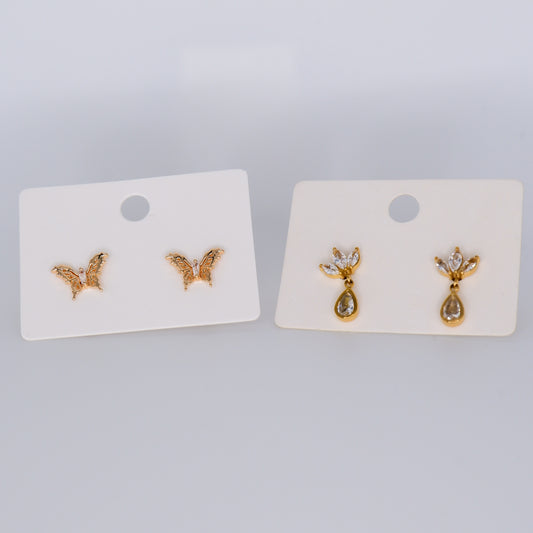 Brinco de Espeto Dourado Borboleta e Meia Flor Pendente