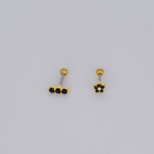 Piercing Bolinha Aço Inoxidável Flor e Risco Preto