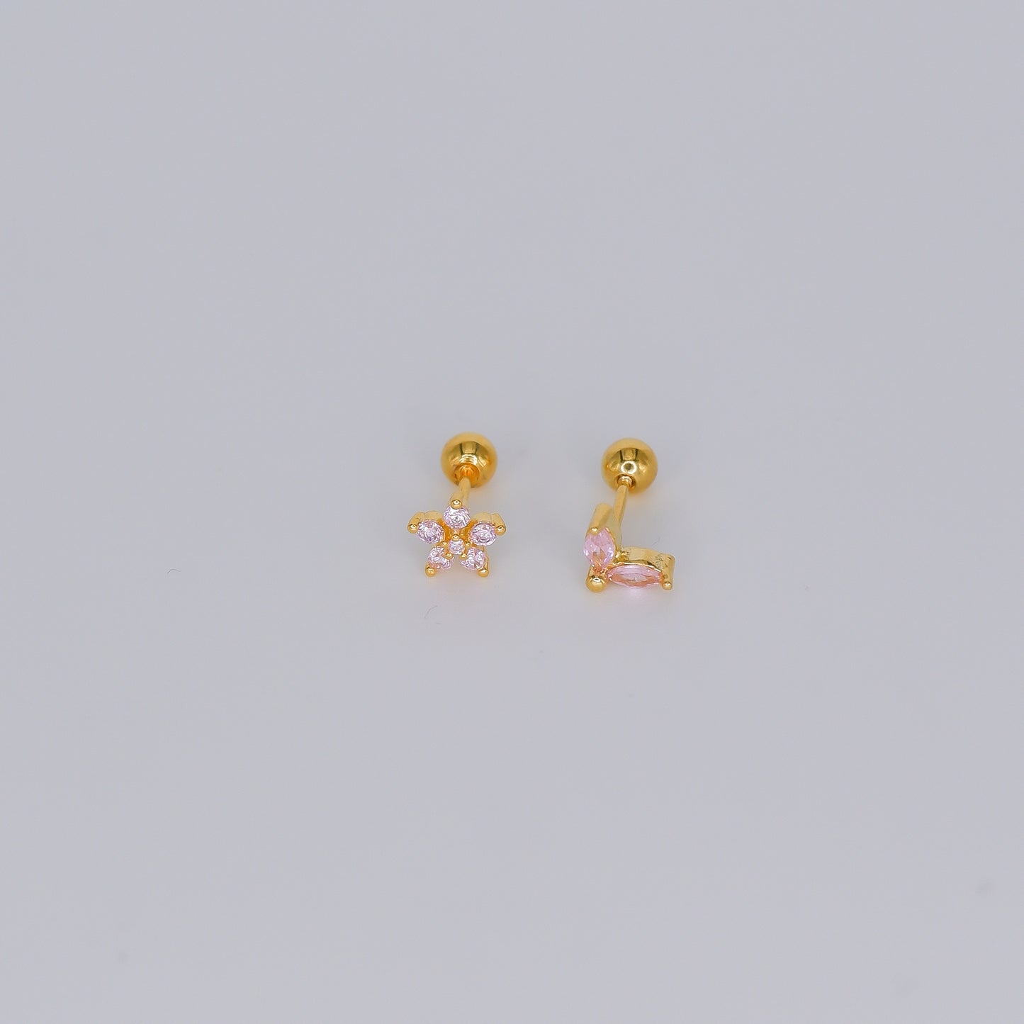 Piercing Bolinha Flor e Folha Rosa bébé