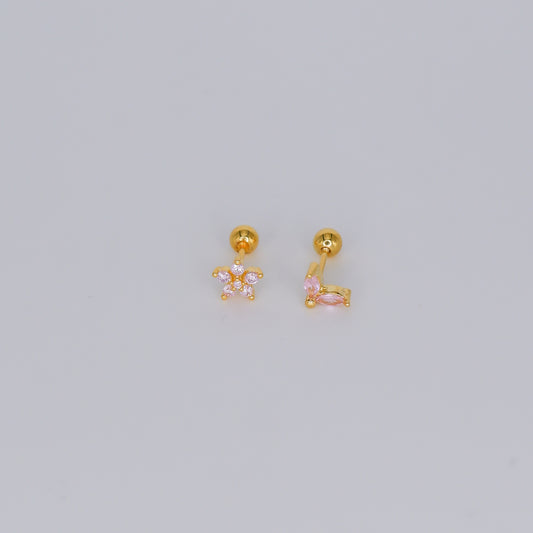 Piercing Bolinha Flor e Folha Rosa bébé
