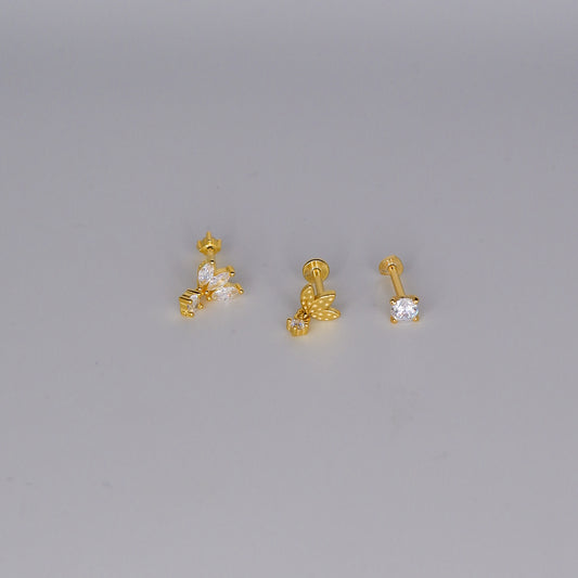 Piercings Achatados Dourados #8 Meia Flor e Ponto de Luz