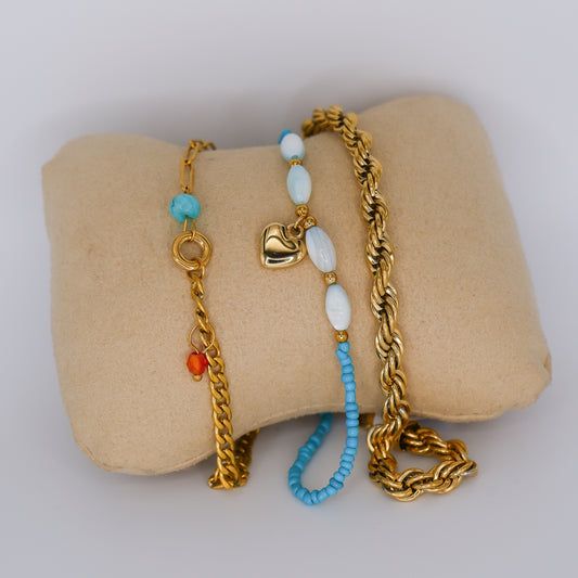Pulseira Pé Dourada Azul e Malha