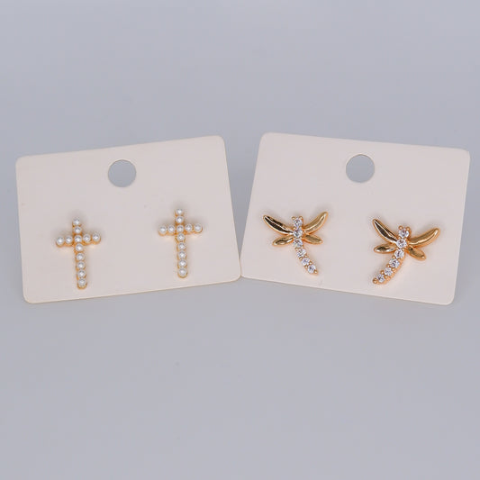 Brinco de Espeto Cruz de Pérolas e Libelinha