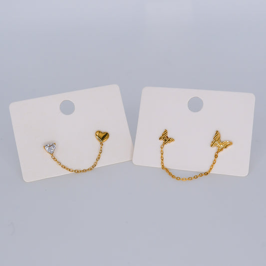 Brinco de Espeto Duplo com Corrente Coração e Borboleta