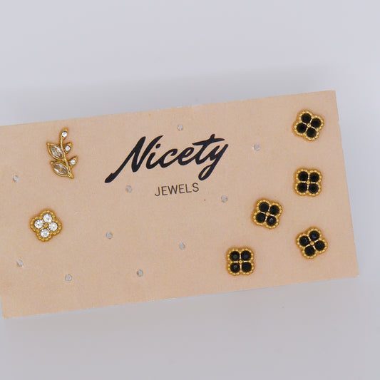 Brinco de Espeto Flor Preta, Flor Transparente e Folhas