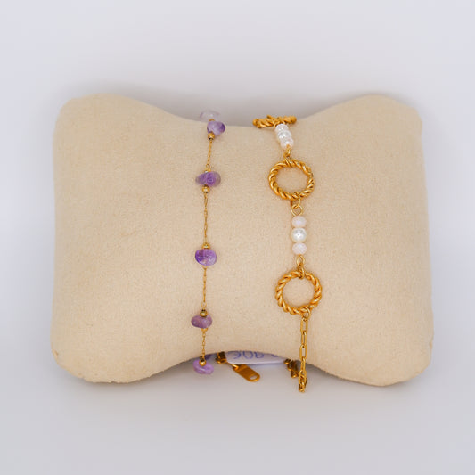 Pulseiras de Pé Pedras Roxas e Círculos